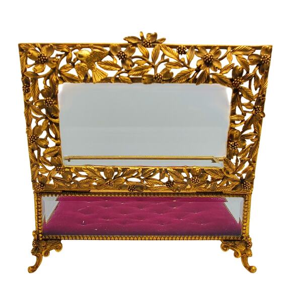 Matson Ormolu Jewelry Casket Box Dresser Vanity Case Gilt Metal Footed Burgundy - Picture 4 of 16